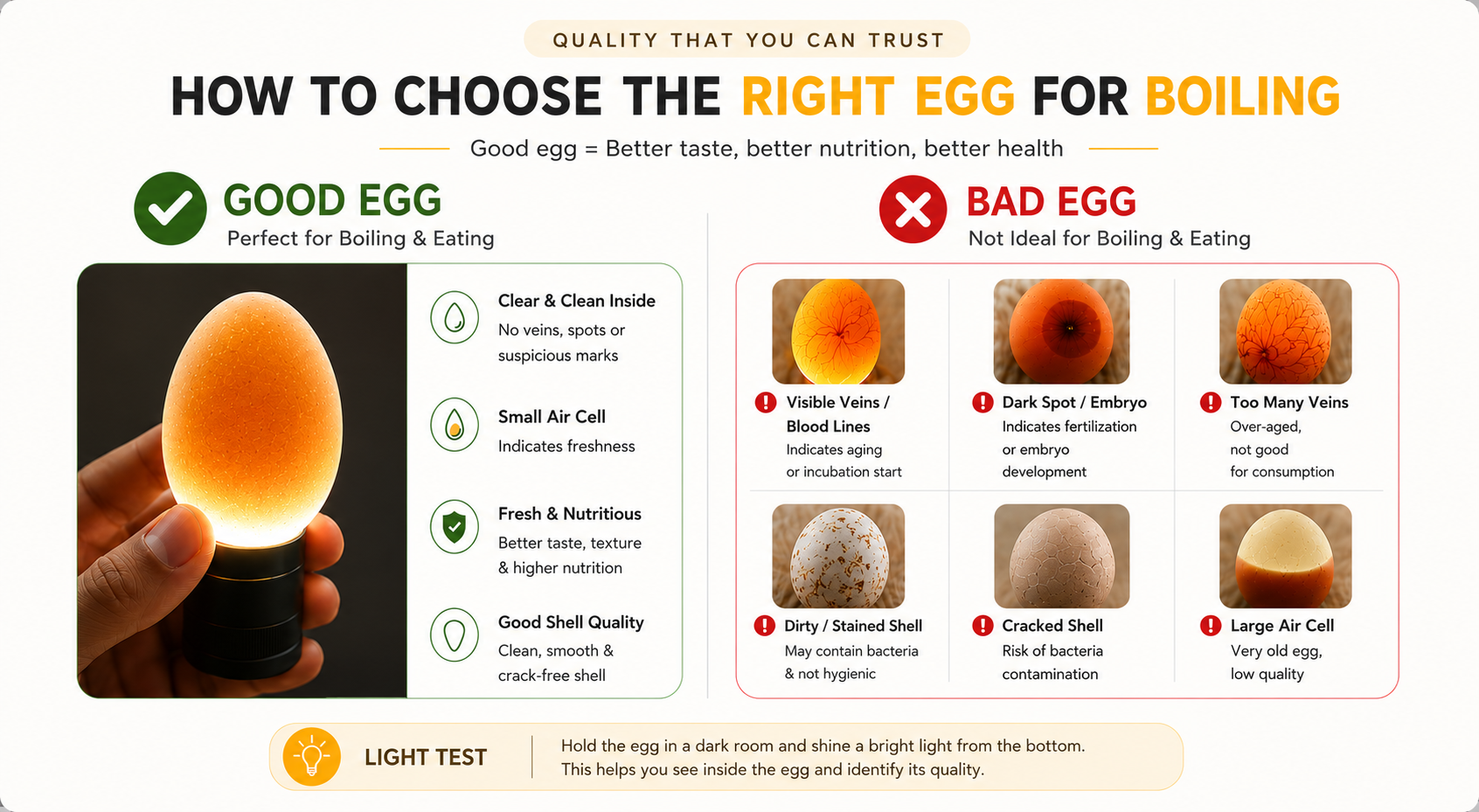 Realistic egg quality guide showing good egg and bad egg for boiling